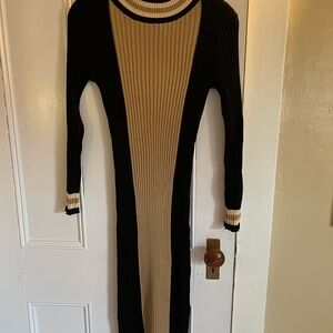 Elegant Black and Tan Ribbed Knit Dress